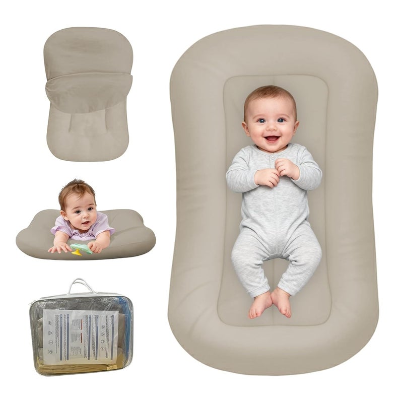 PGONEEE Baby Lounger for Newborn, Bionic Design Baby Lounger, Soft Organic Cotton Breathable Lounger for Infants 0-18 Months (Cream Grey) - Image 1